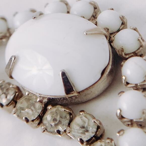 Vintage Mid Century Milk Glass Rhinestone Necklace Earring Set 1950s Jewelry - Picture 5 of 16